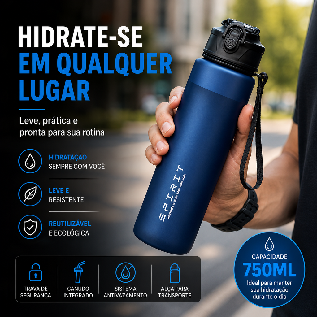 Garrafa Esportiva 750ml com Canudo e Trava de Segurança