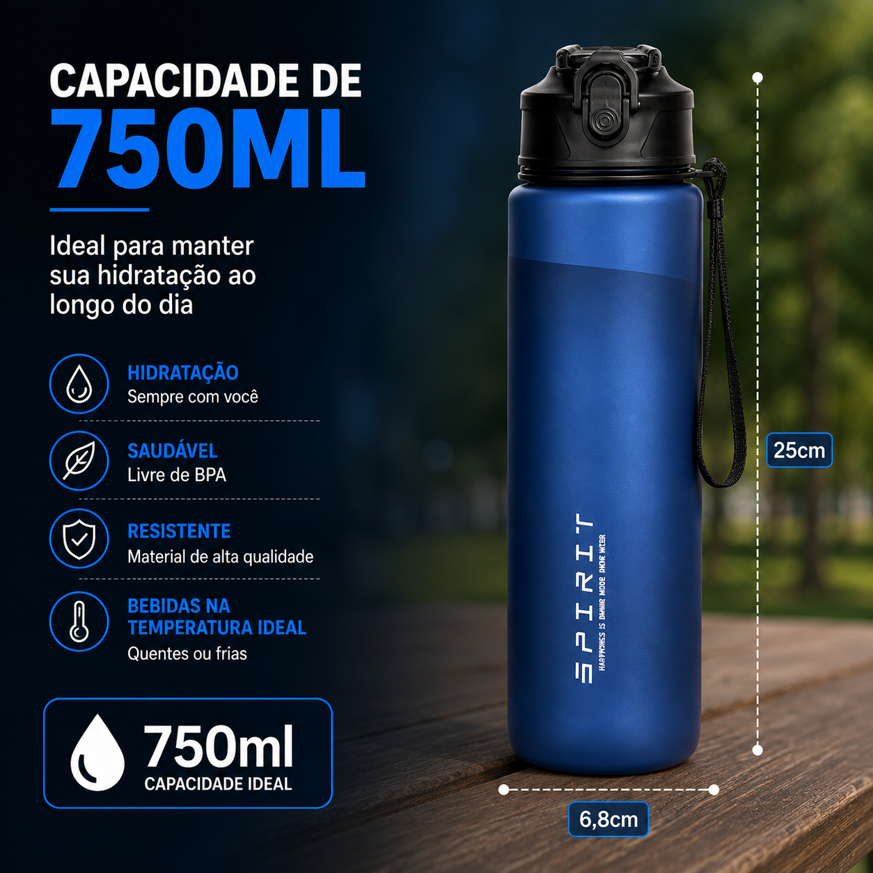 Garrafa Esportiva 750ml com Canudo e Trava de Segurança