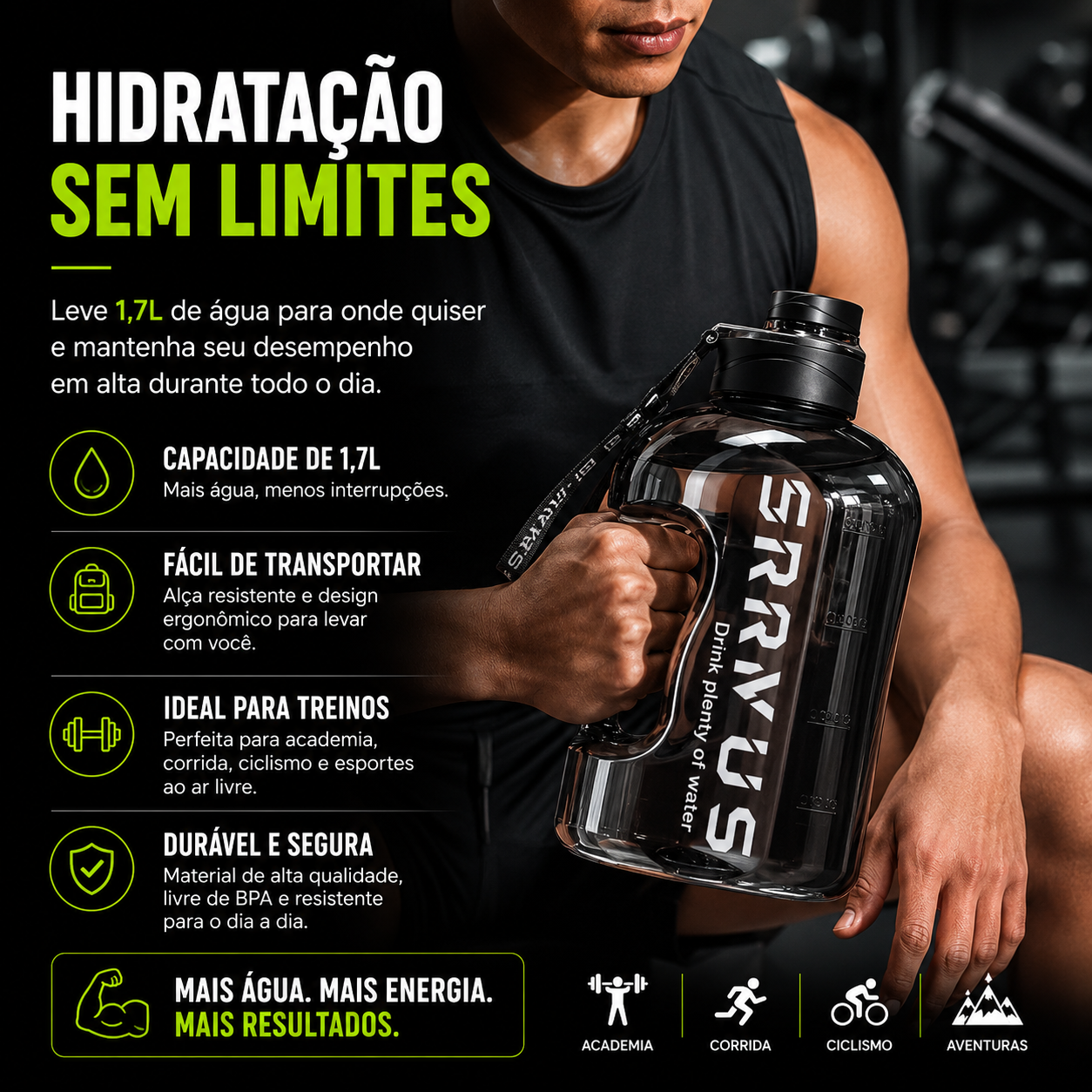 Garrafa Fitness Bravus 1,7L com Escala de Hidratação