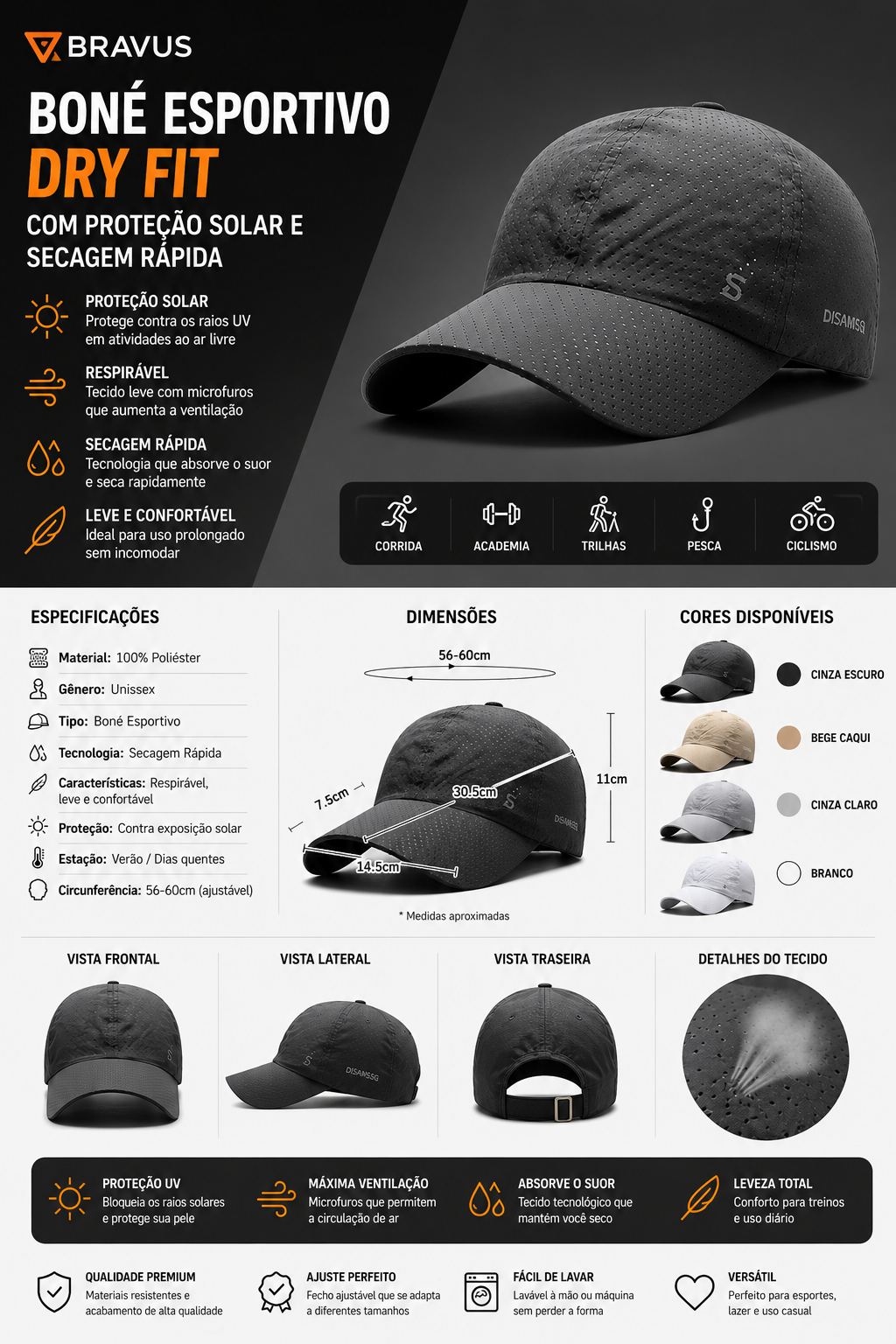 BONÉ ESPORTIVO DRY FIT COM PROTEÇÃO SOLAR E SECAGEM RÁPIDA