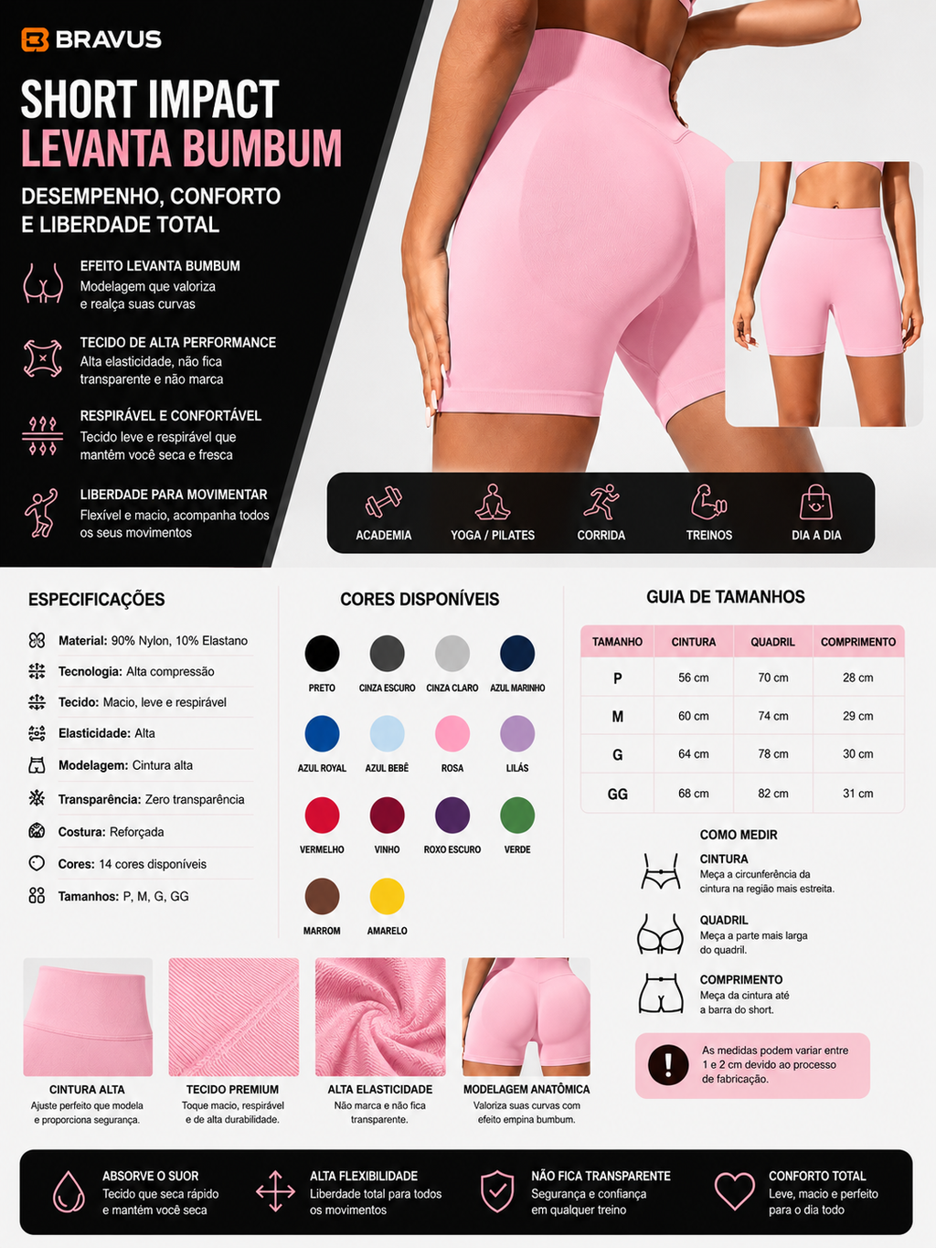 SHORT FITNESS FEMININO CINTURA ALTA SEM COSTURA LEVANTA BUMBUM