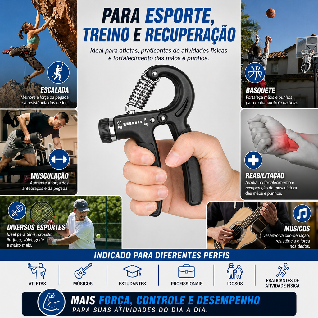 Hand Grip Ajustável 5 a 60 kg – Fortalecedor de Mãos, Punhos e Antebraços