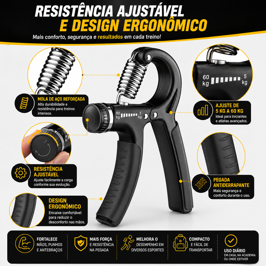 Hand Grip Ajustável 5 a 60 kg – Fortalecedor de Mãos, Punhos e Antebraços