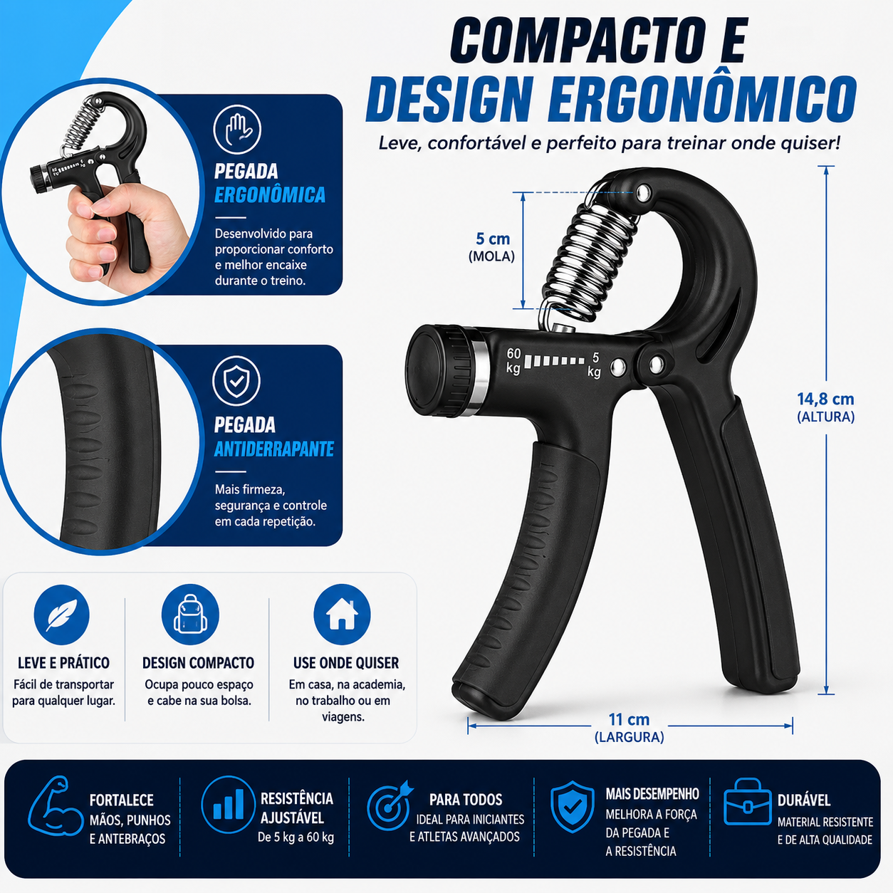 Hand Grip Ajustável 5 a 60 kg – Fortalecedor de Mãos, Punhos e Antebraços