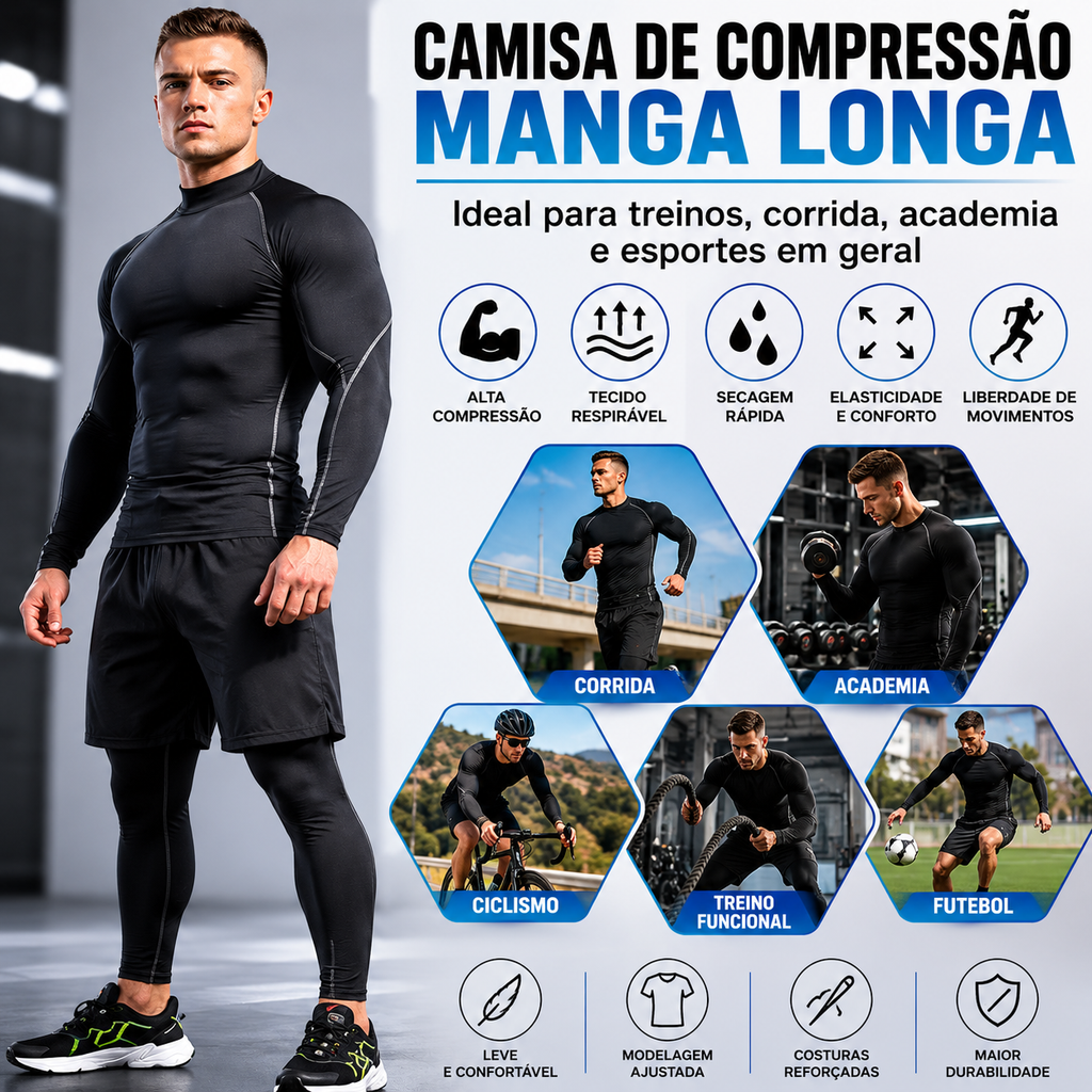 Camisa de Compressão Masculina Manga Longa Dry Fit