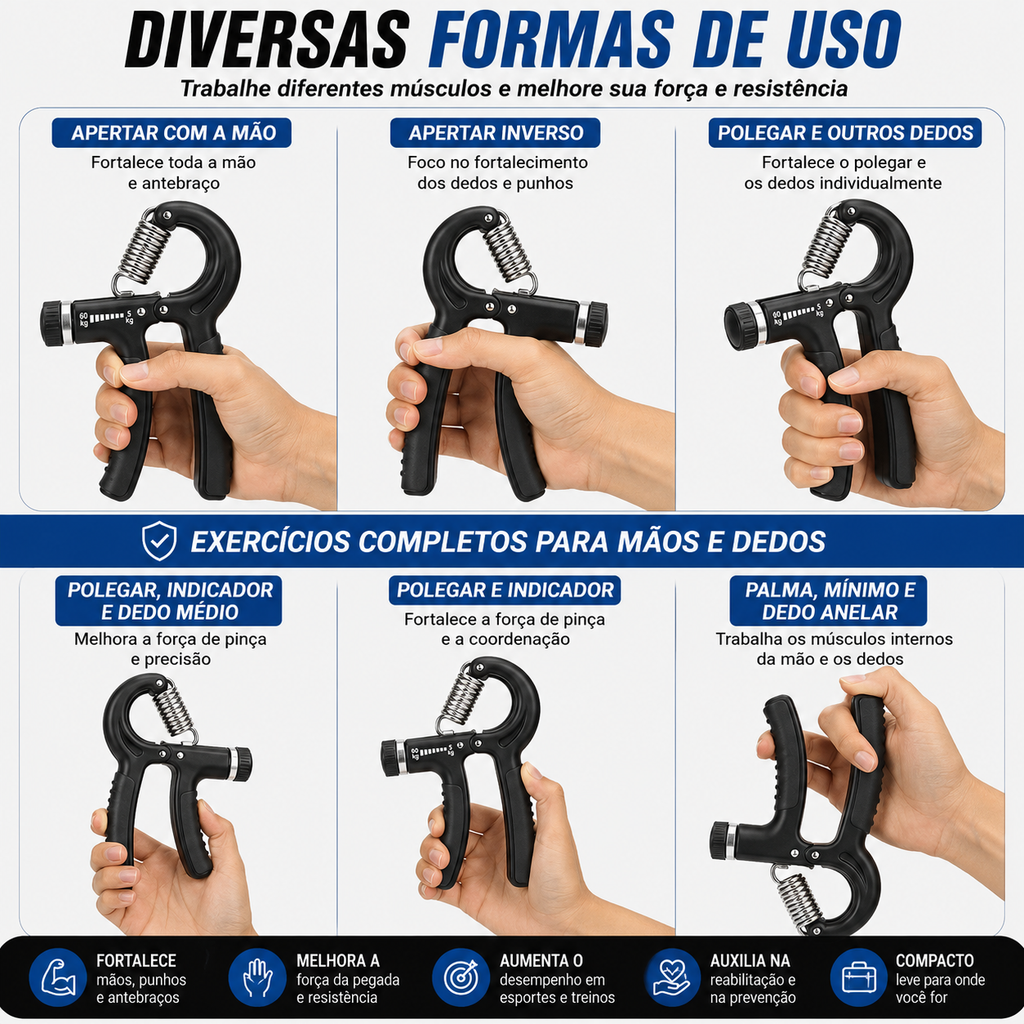 Hand Grip Ajustável 5 a 60 kg – Fortalecedor de Mãos, Punhos e Antebraços