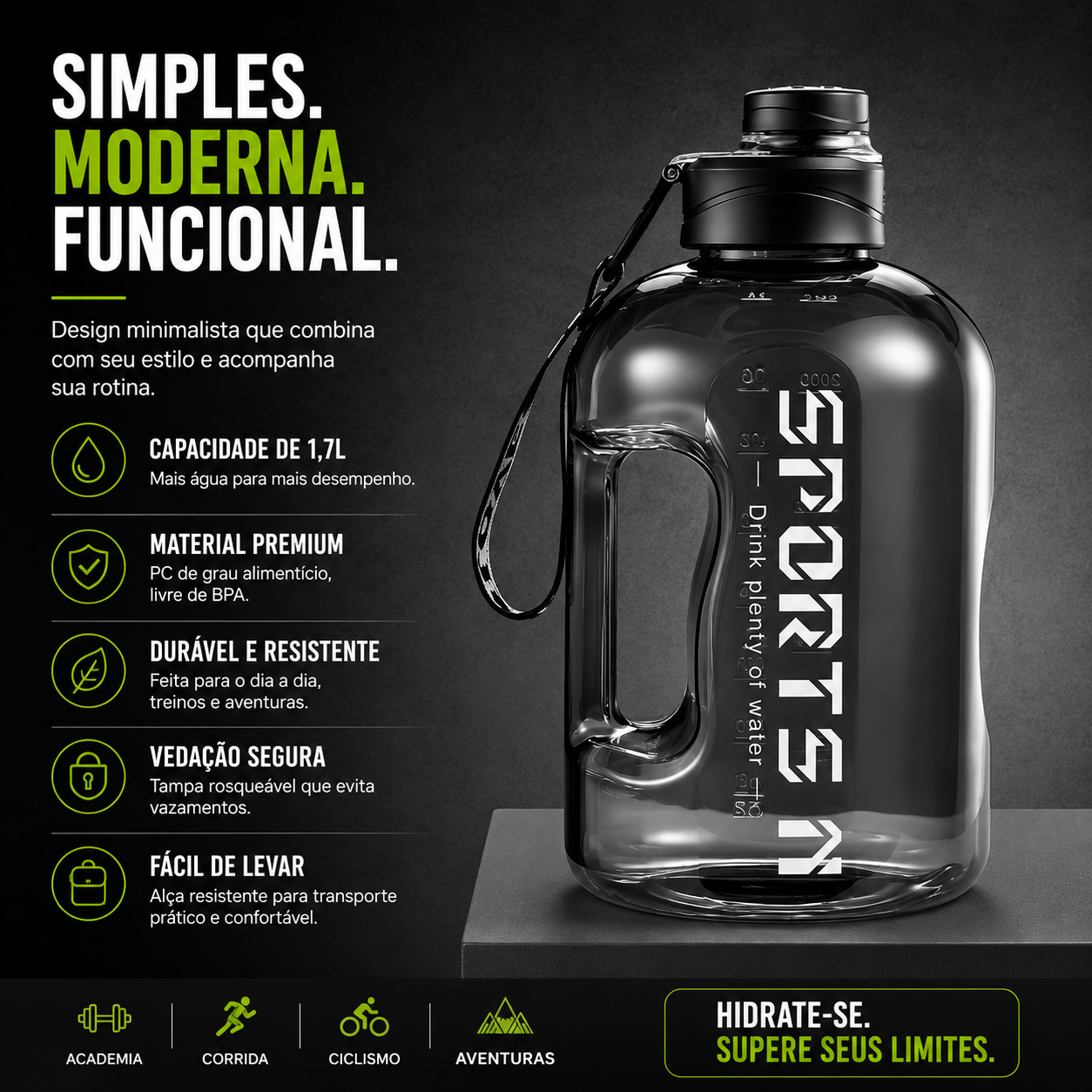 Garrafa Fitness Bravus 1,7L com Escala de Hidratação