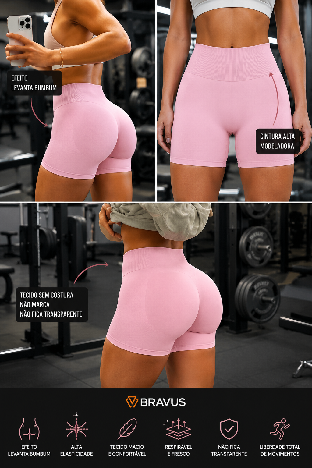 SHORT FITNESS FEMININO CINTURA ALTA SEM COSTURA LEVANTA BUMBUM